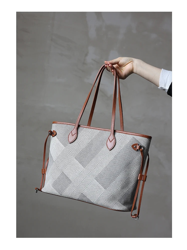 Luna Herringbone Leather-Trim Tote