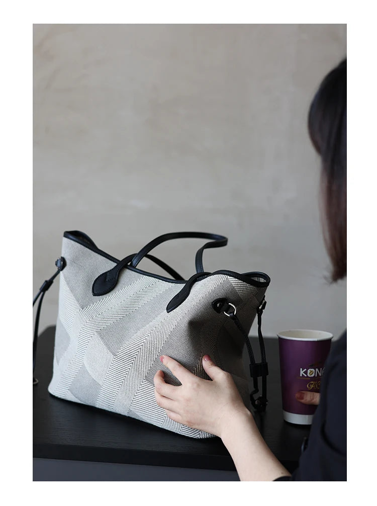 Luna Herringbone Leather-Trim Tote