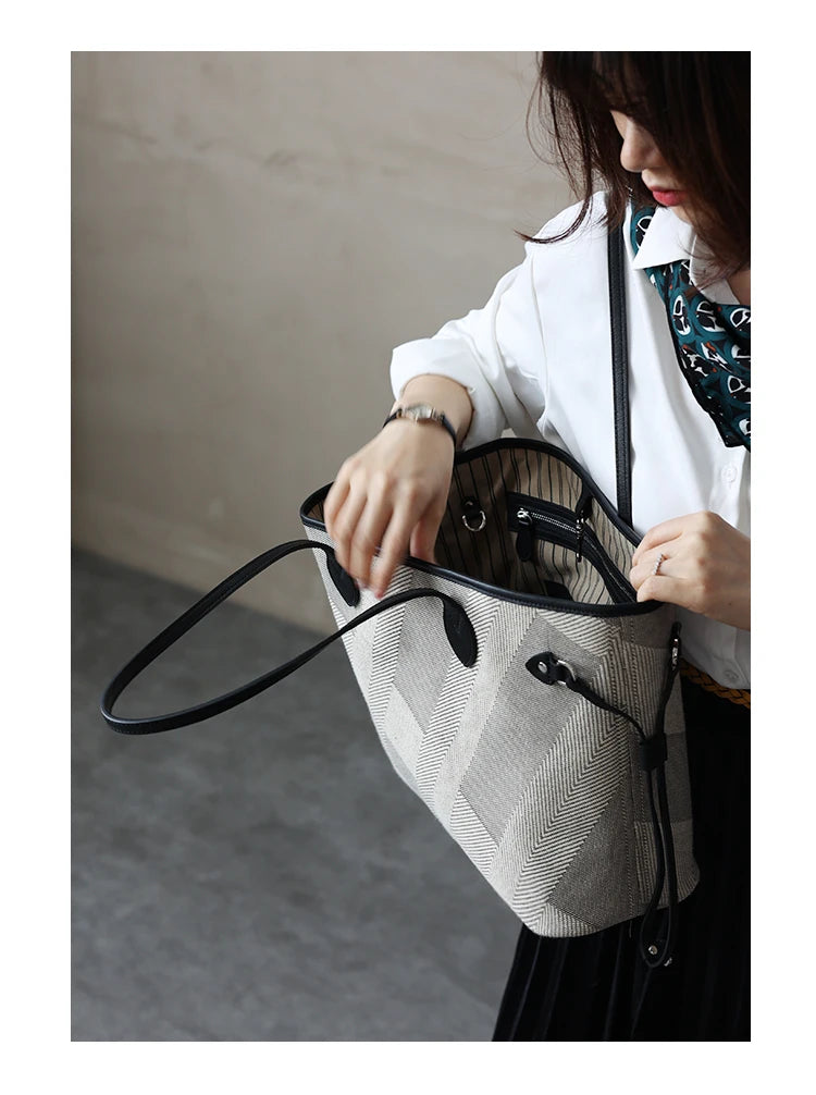 Luna Herringbone Leather-Trim Tote
