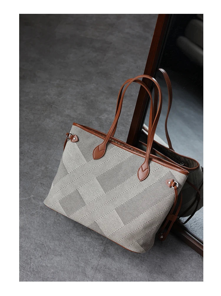 Luna Herringbone Leather-Trim Tote