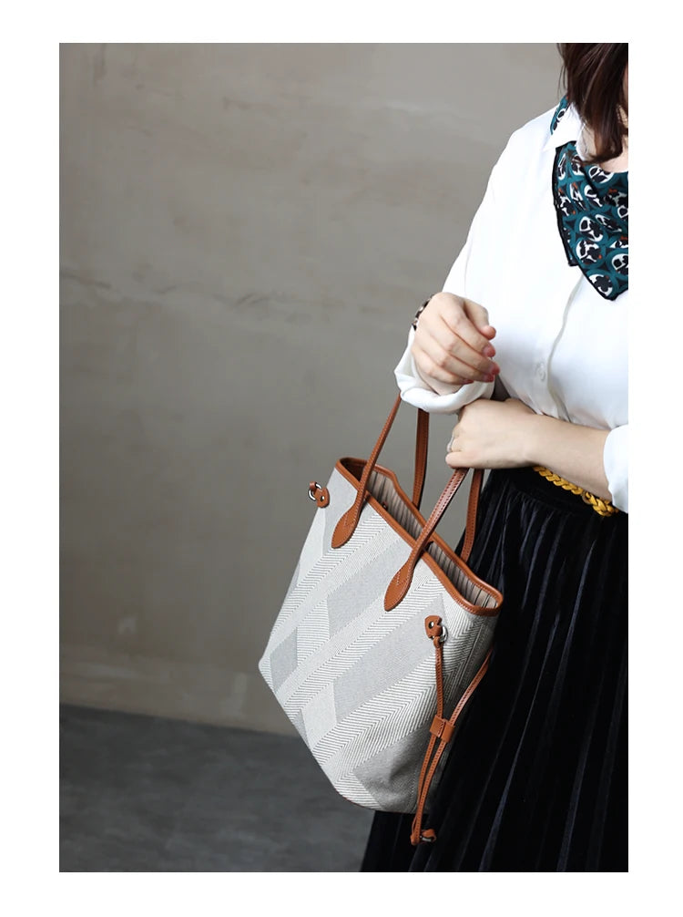 Luna Herringbone Leather-Trim Tote