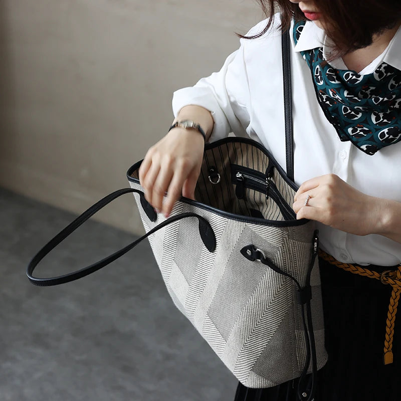 Luna Herringbone Leather-Trim Tote