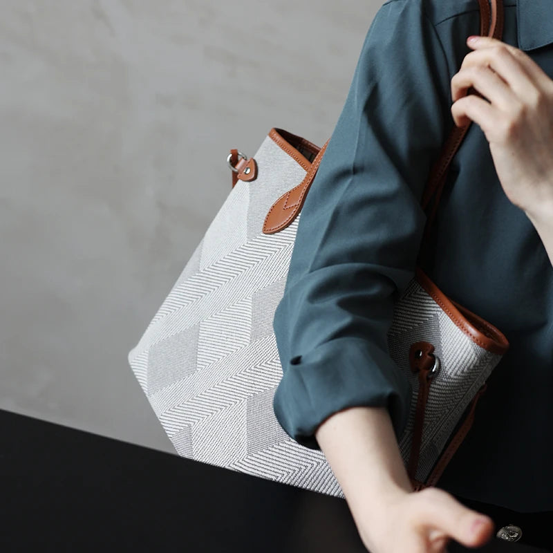 Luna Herringbone Leather-Trim Tote