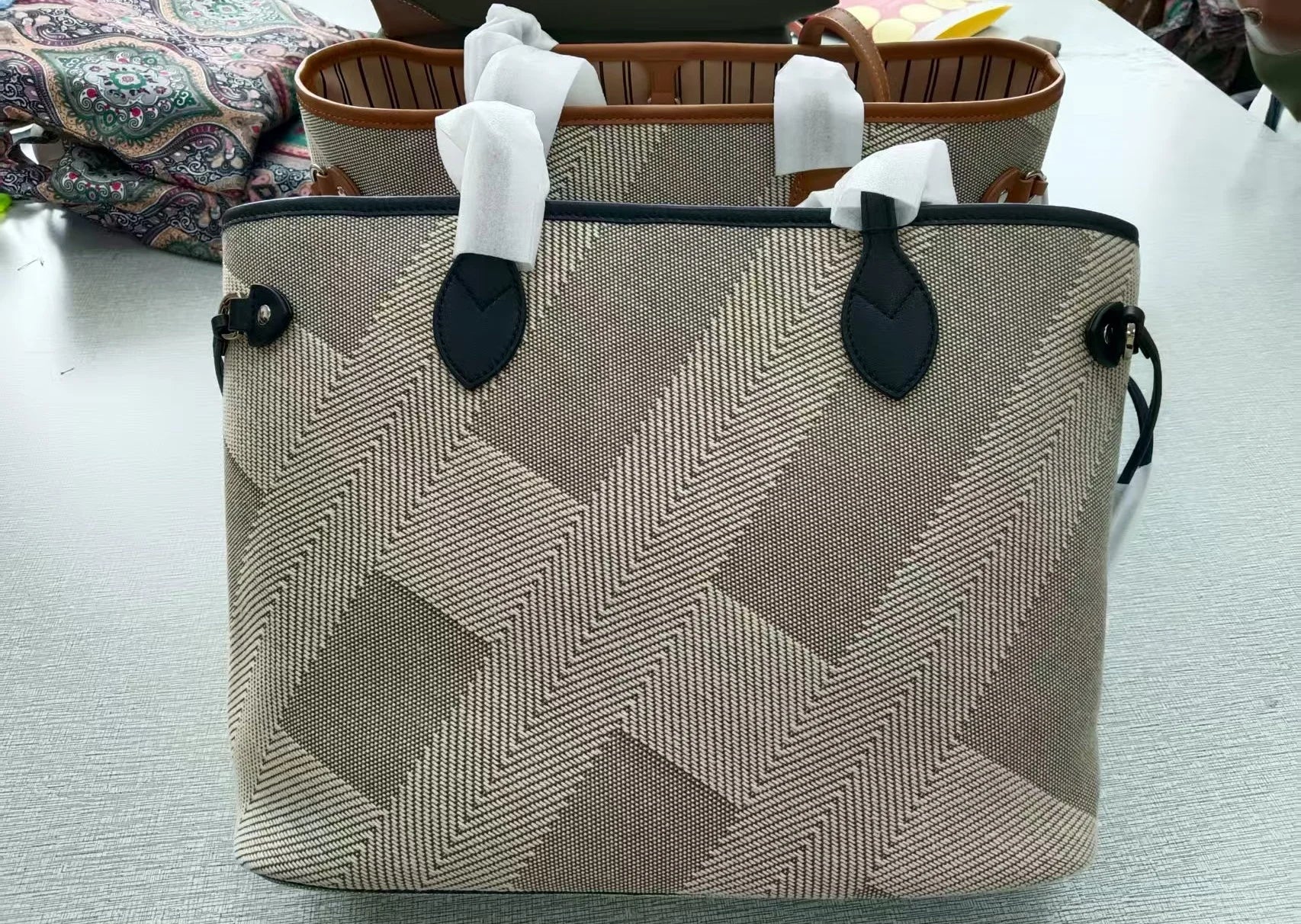 Luna Herringbone Leather-Trim Tote