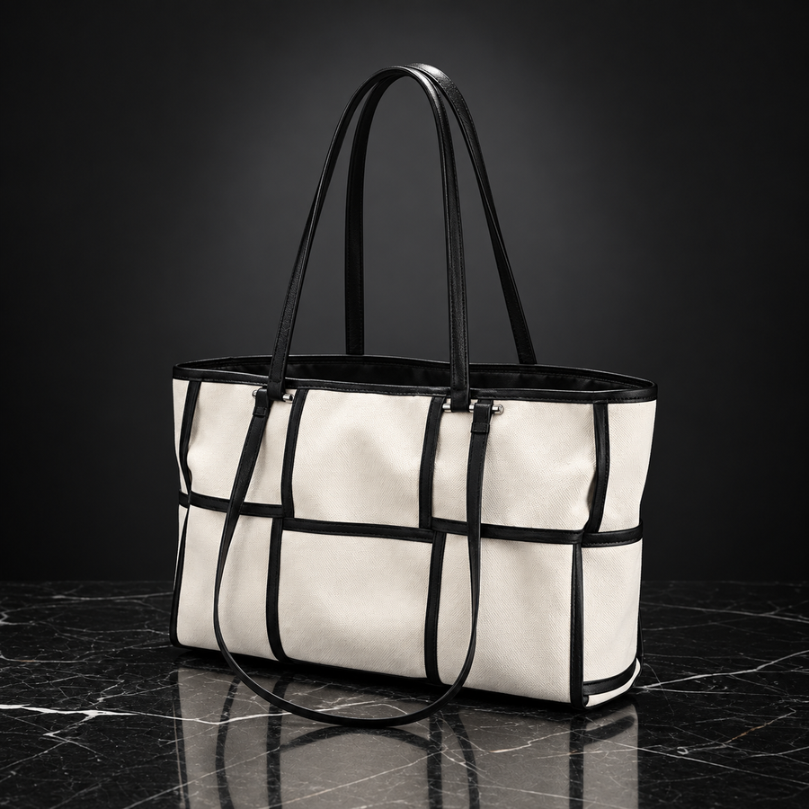 Black Grid Canvas Tote Bag