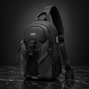 Front view of the BANGE USB Modern Travel Backpack, a sleek black laptop bag with an external USB charging port.