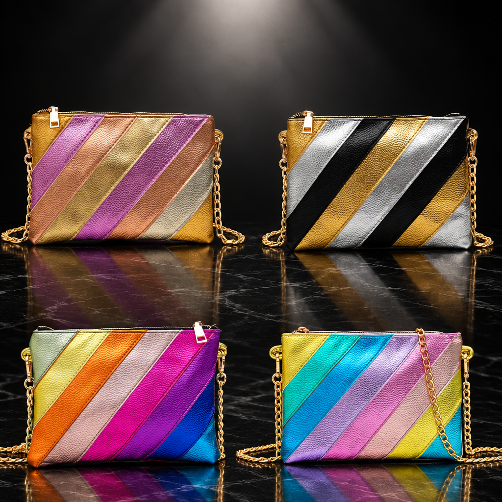 Metallic Stripe Square Clutch with Chain Strap