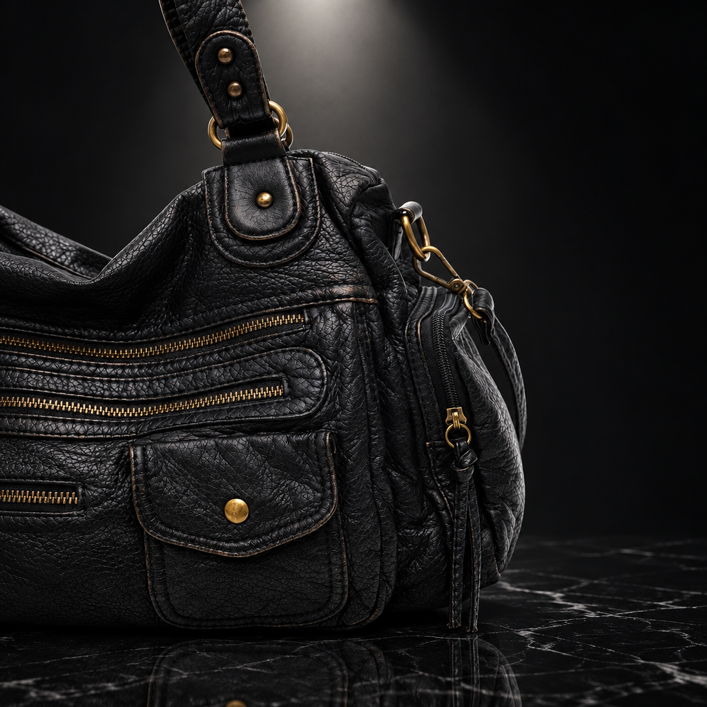 Rivet-Detail Washed-Finish Shoulder Bag