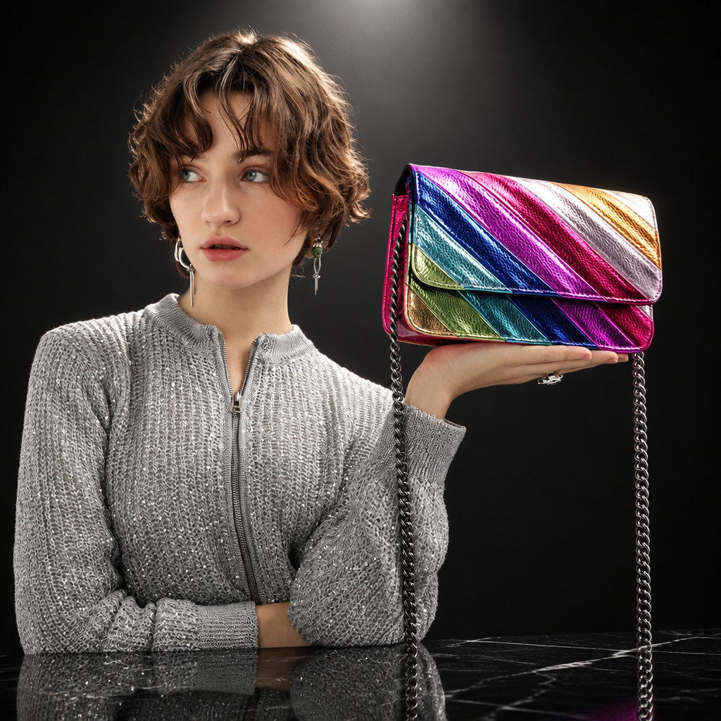 Rainbow Stripe Faux Leather Flap Shoulder Bag