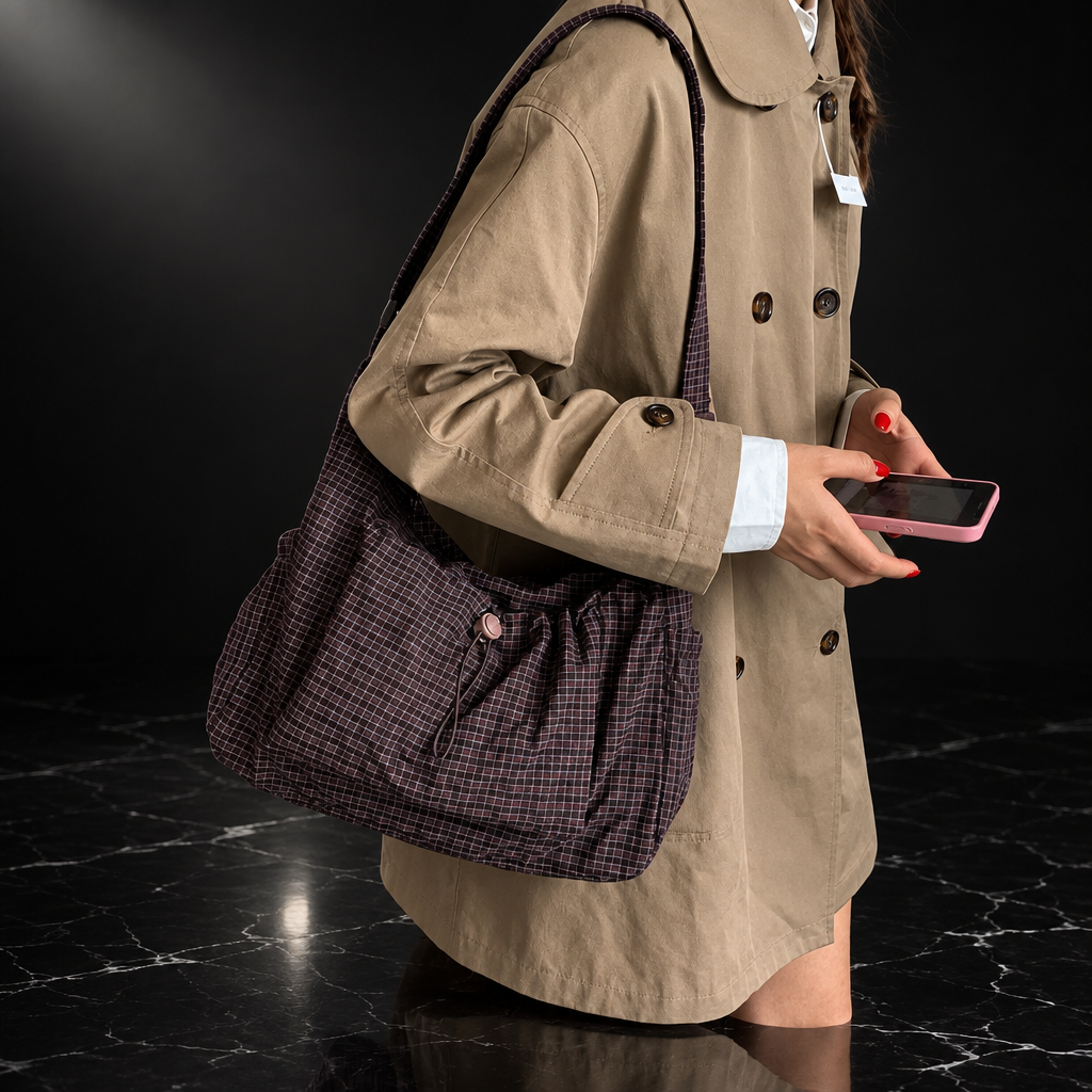Plaid Drawstring Commuter Shoulder Bag