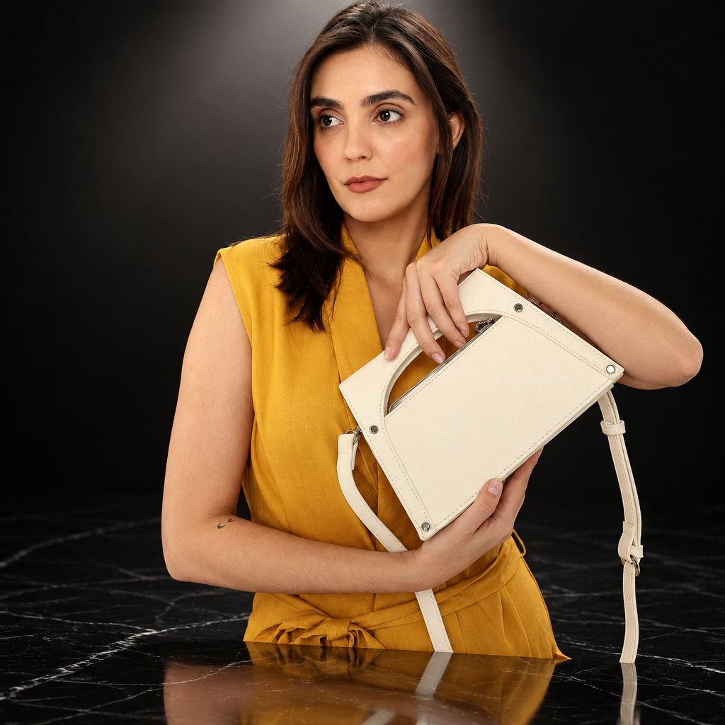 Metal-Frame Buckle Faux-Leather Top-Handle Bag
