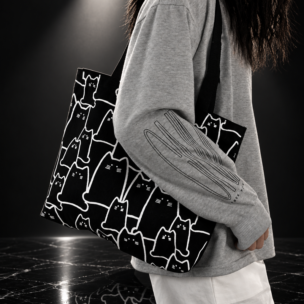 Canvas Cat Print Tote Bag with Zipper