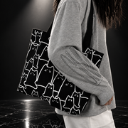 Canvas Cat Print Tote Bag with Zipper