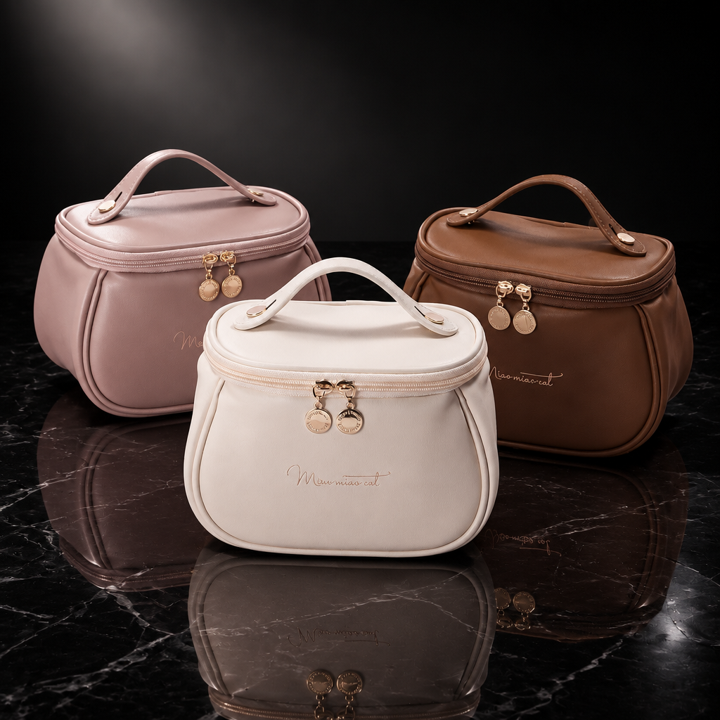 Oval Faux Leather Travel Makeup Bag