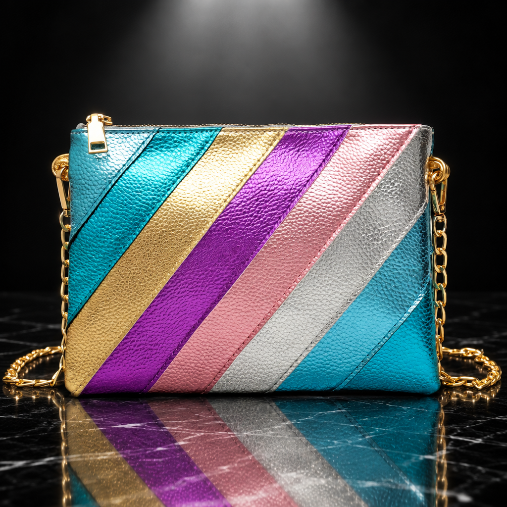 Metallic Stripe Square Clutch with Chain Strap