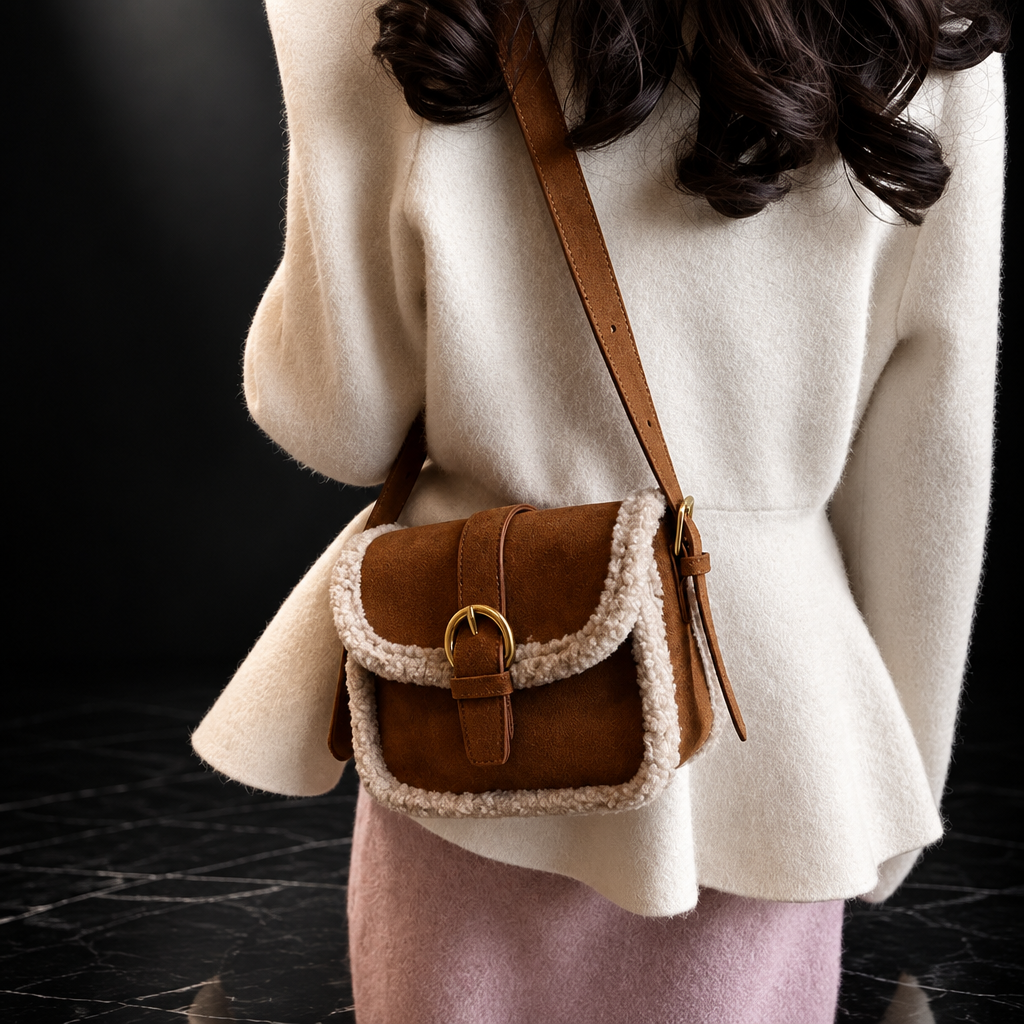 Retro Saddle Crossbody Bag with Fuzzy Trim