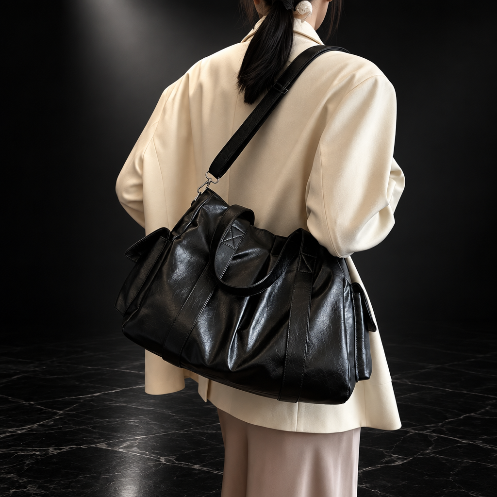 Retro Faux-Leather Tote with Adjustable Strap