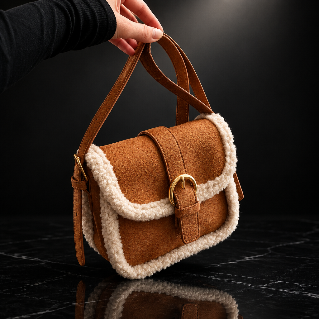 Retro Saddle Crossbody Bag with Fuzzy Trim
