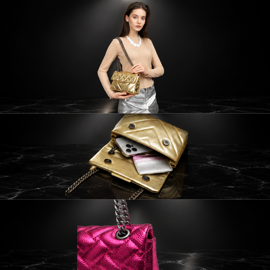 Quilted Metallic Flap Shoulder Bag