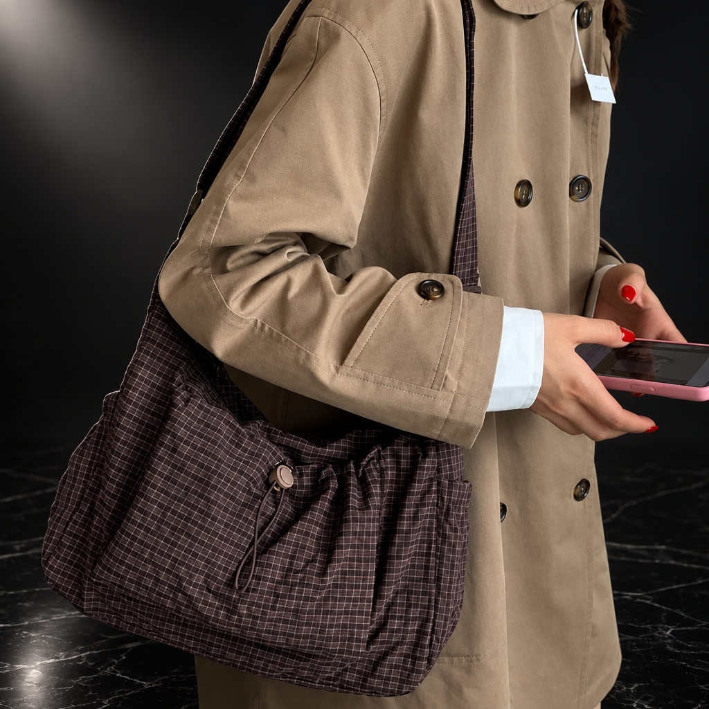 Plaid Drawstring Commuter Shoulder Bag