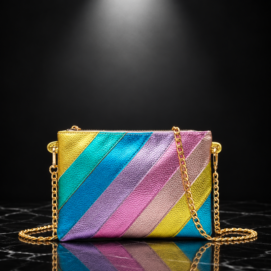Metallic Stripe Square Clutch with Chain Strap