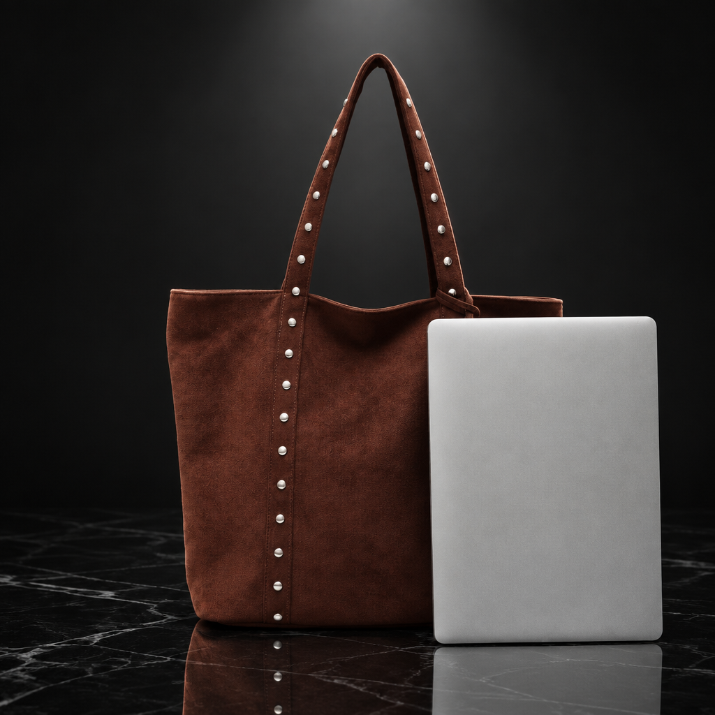 Rivet-Trim Faux-Suede Tote with Coin Purse