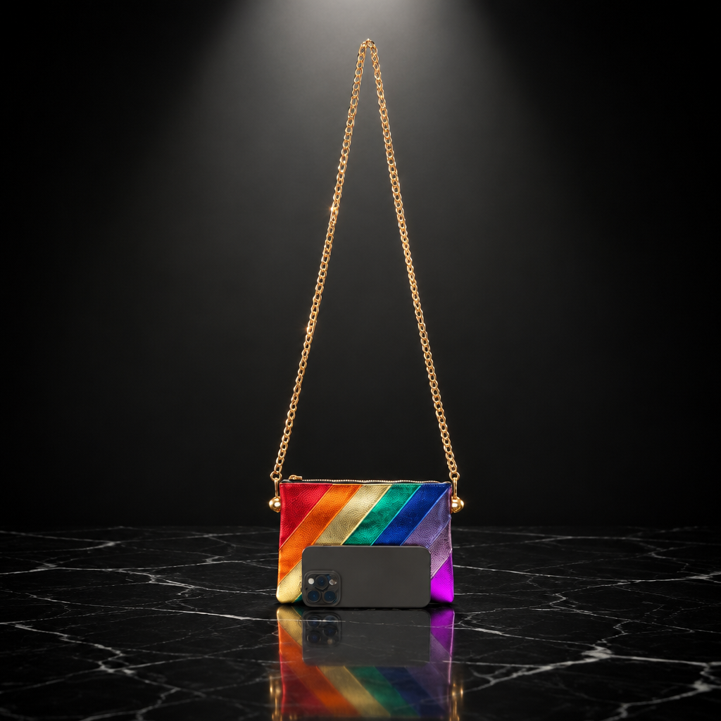 Metallic Stripe Square Clutch with Chain Strap