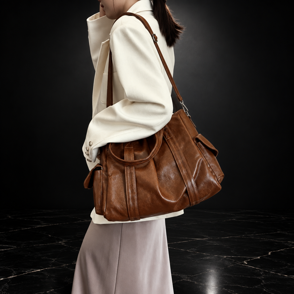 Retro Faux-Leather Tote with Adjustable Strap