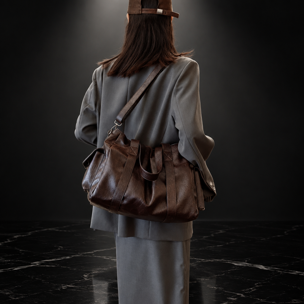 Retro Faux-Leather Tote with Adjustable Strap