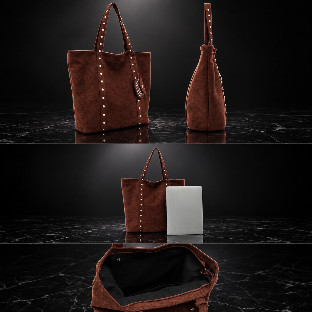Rivet-Trim Faux-Suede Tote with Coin Purse