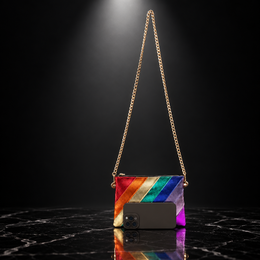 Metallic Stripe Square Clutch with Chain Strap