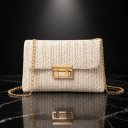 Woven Straw Evening Crossbody Bag with Chain Strap