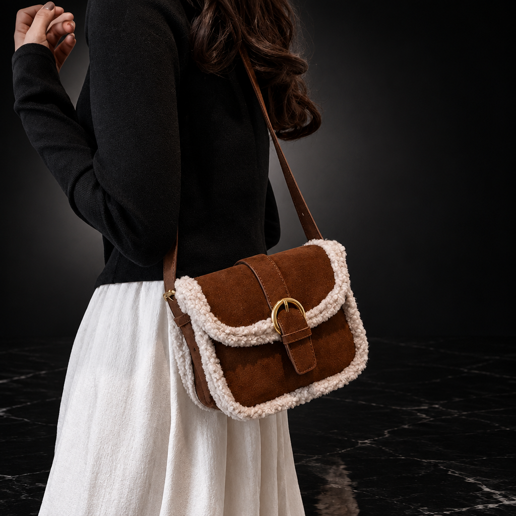 Retro Saddle Crossbody Bag with Fuzzy Trim