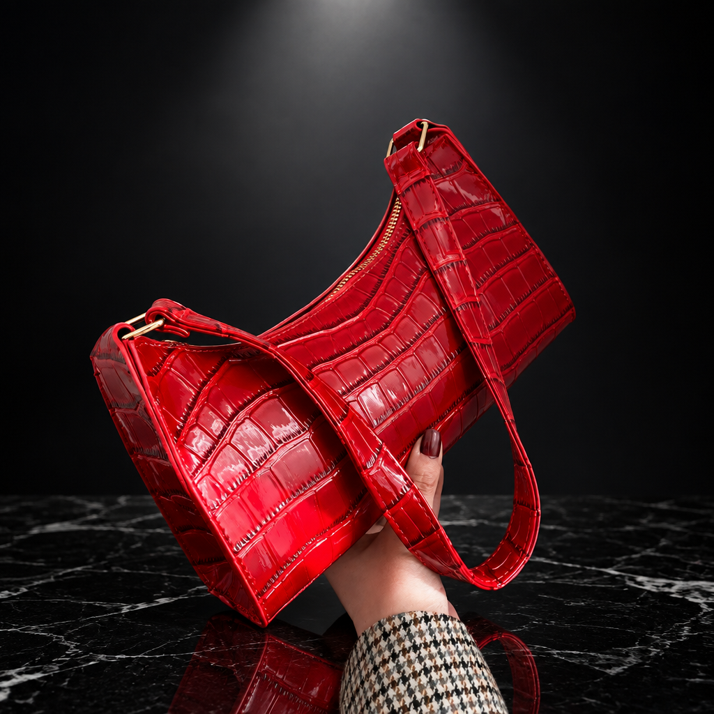 Croc-Embossed Faux-Leather Underarm Bag