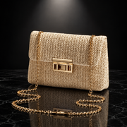 Woven Straw Evening Crossbody Bag with Chain Strap