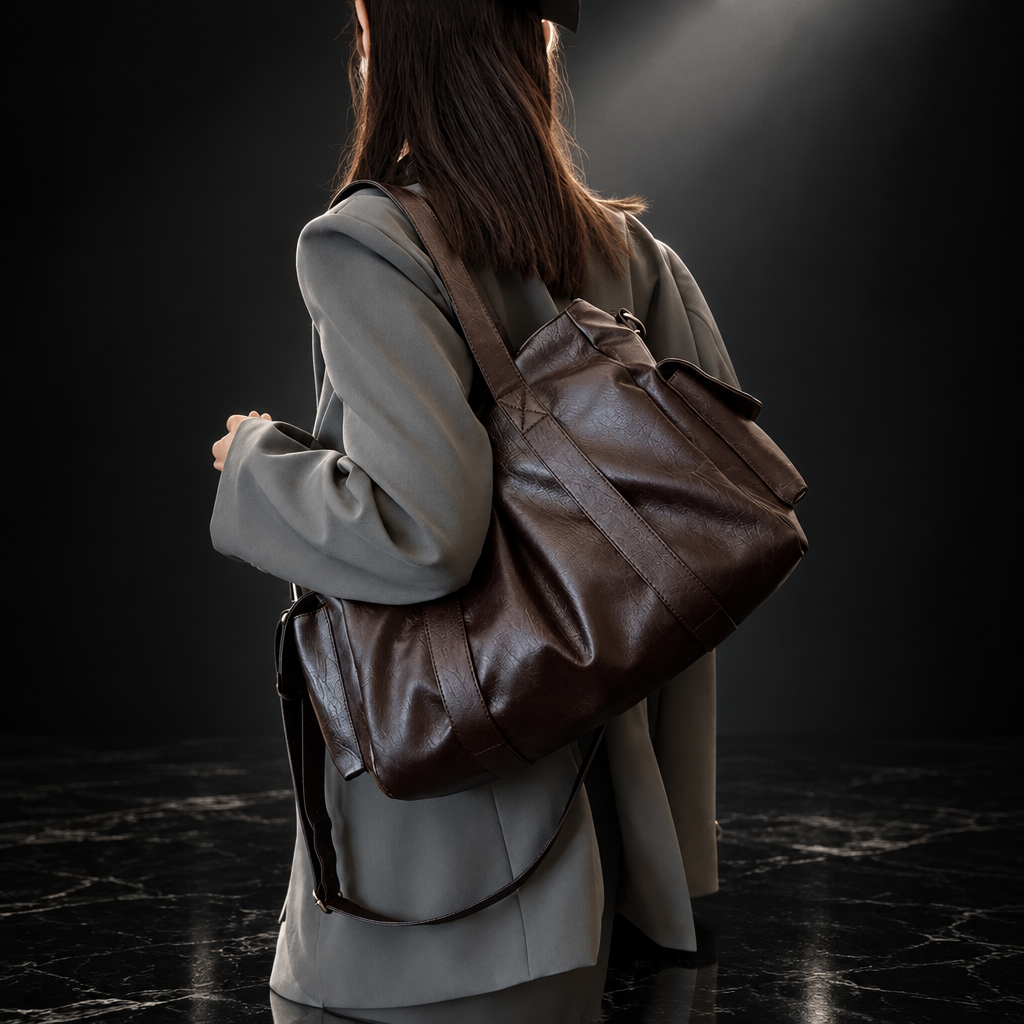 Retro Faux-Leather Tote with Adjustable Strap