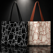 Canvas Cat Print Tote Bag with Zipper