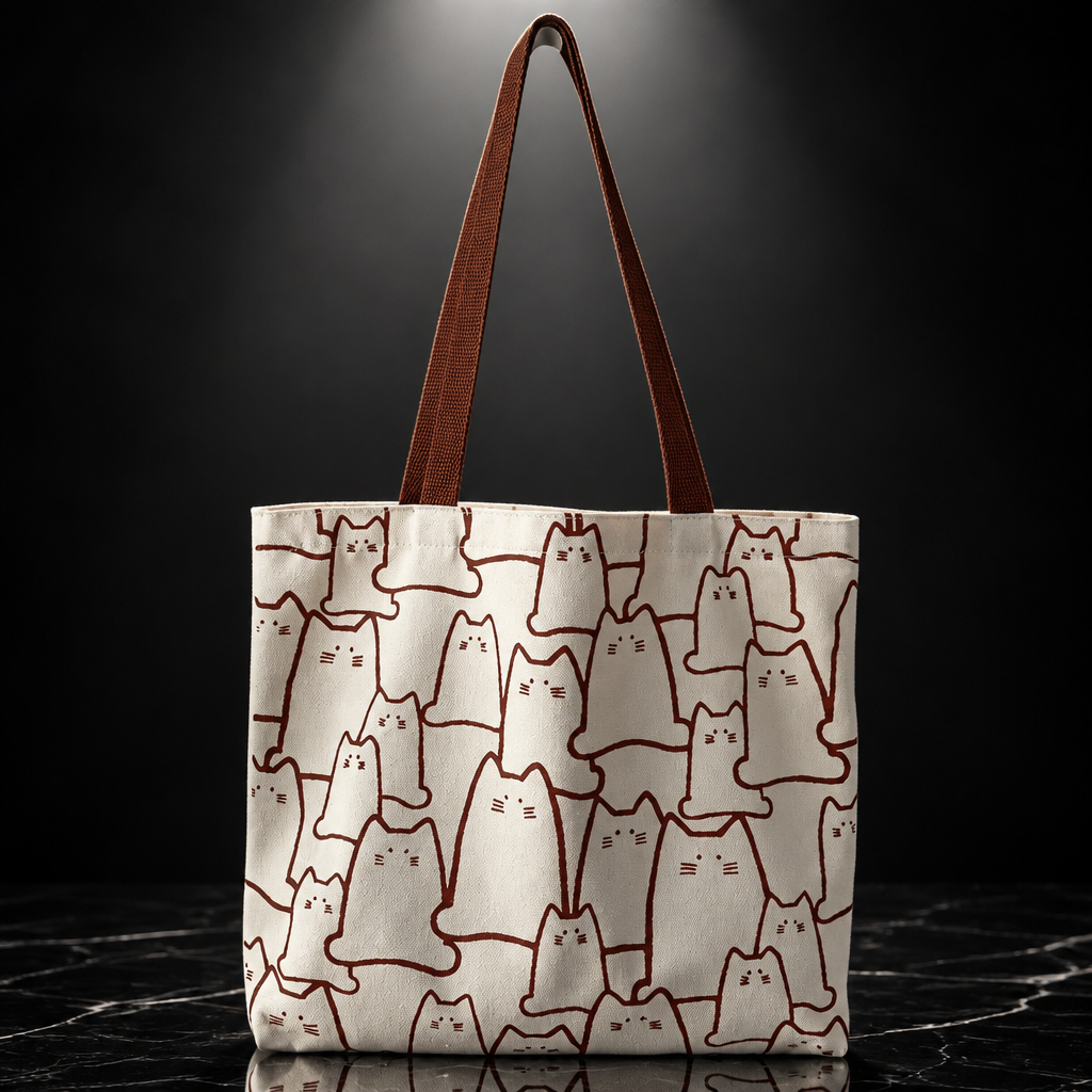 Canvas Cat Print Tote Bag with Zipper