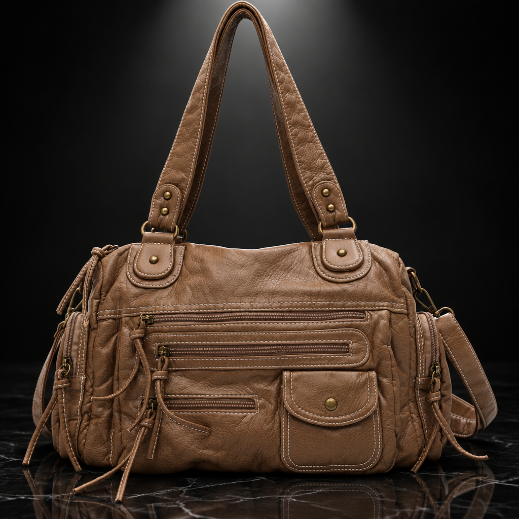 Rivet-Detail Washed-Finish Shoulder Bag
