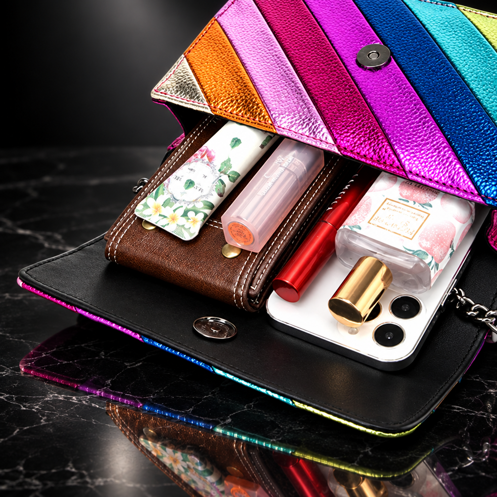 Rainbow Stripe Faux Leather Flap Shoulder Bag