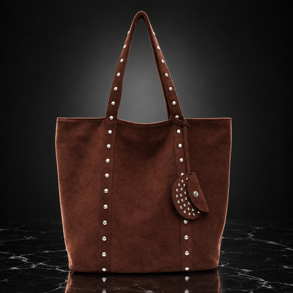 Rivet-Trim Faux-Suede Tote with Coin Purse