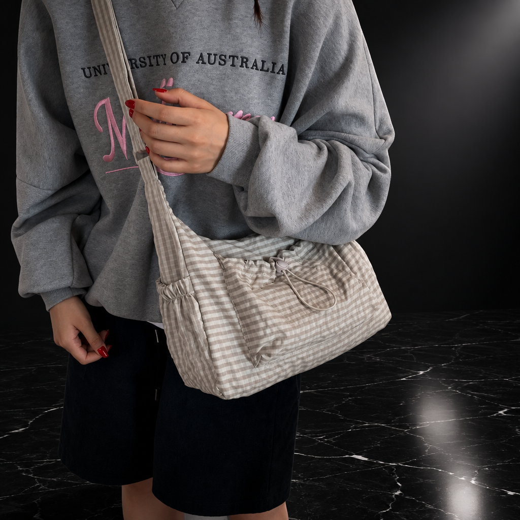 Plaid Drawstring Commuter Shoulder Bag
