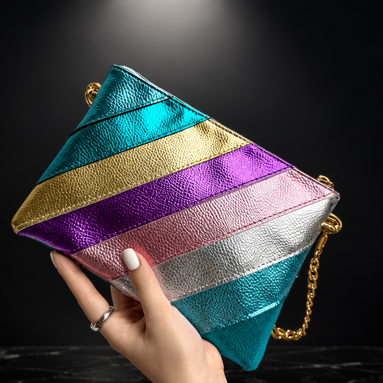 Metallic Stripe Square Clutch with Chain Strap