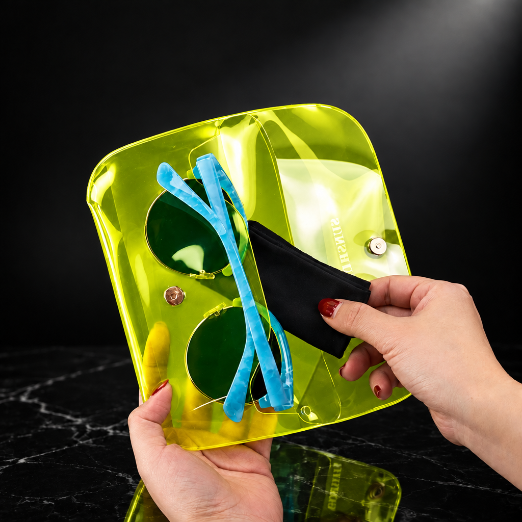 Open case with sunglasses in neon yellow