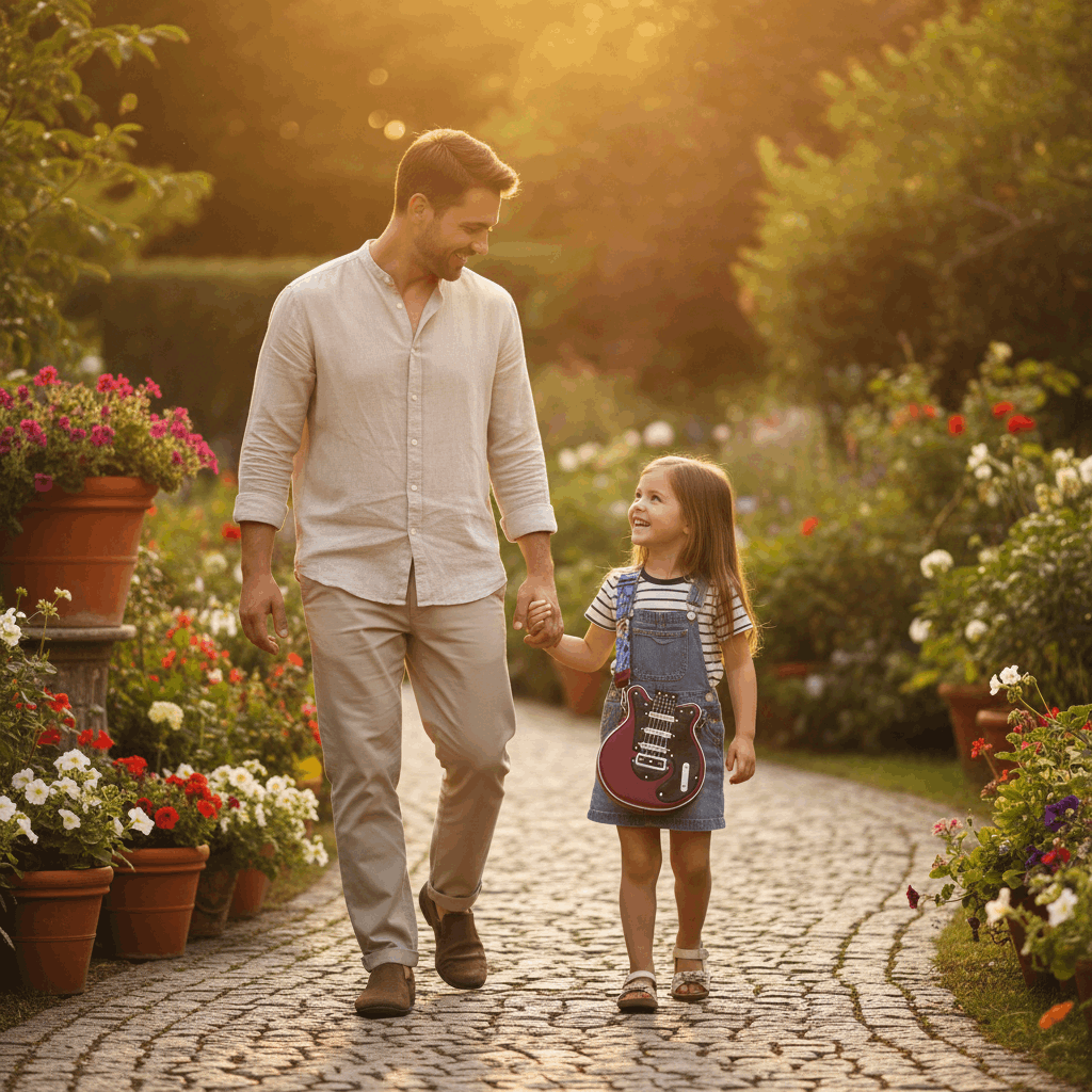 Parent and child walking the garden path, girl wearing the guitar crossbody