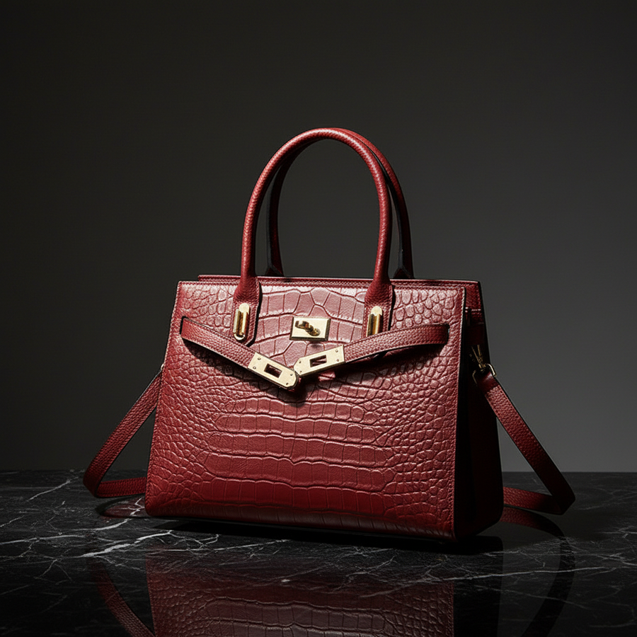 Red Scarlet Crocodile-Embossed Genuine Leather Bag