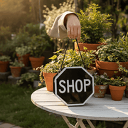 Red sign bag carried by hand among potted plants