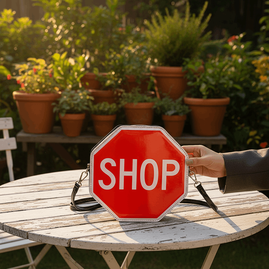 Red sign bag held by hand at the table