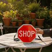 Red sign bag held by hand at the table