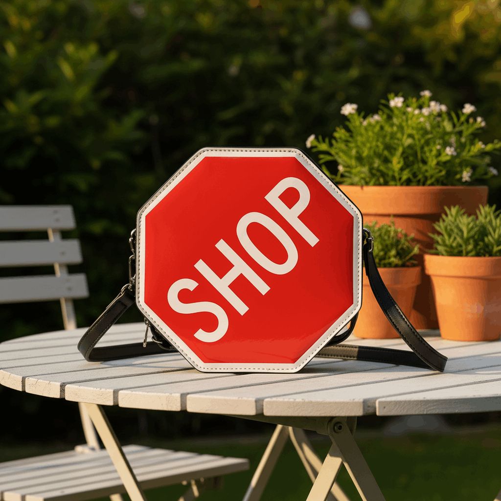 Red sign bag on the garden table, upright hero